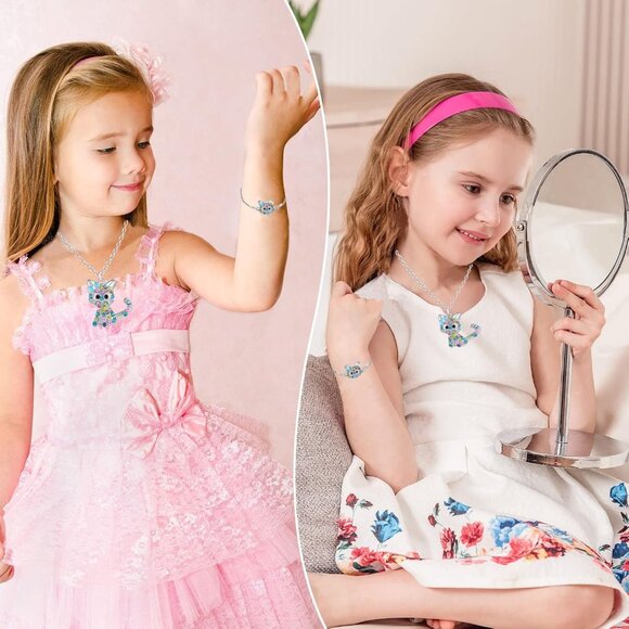 Women's Cat Rainbow 2 Sets Lovely Rhinestone Pendant Crystal Bracelet Necklace - Picture 4 of 5